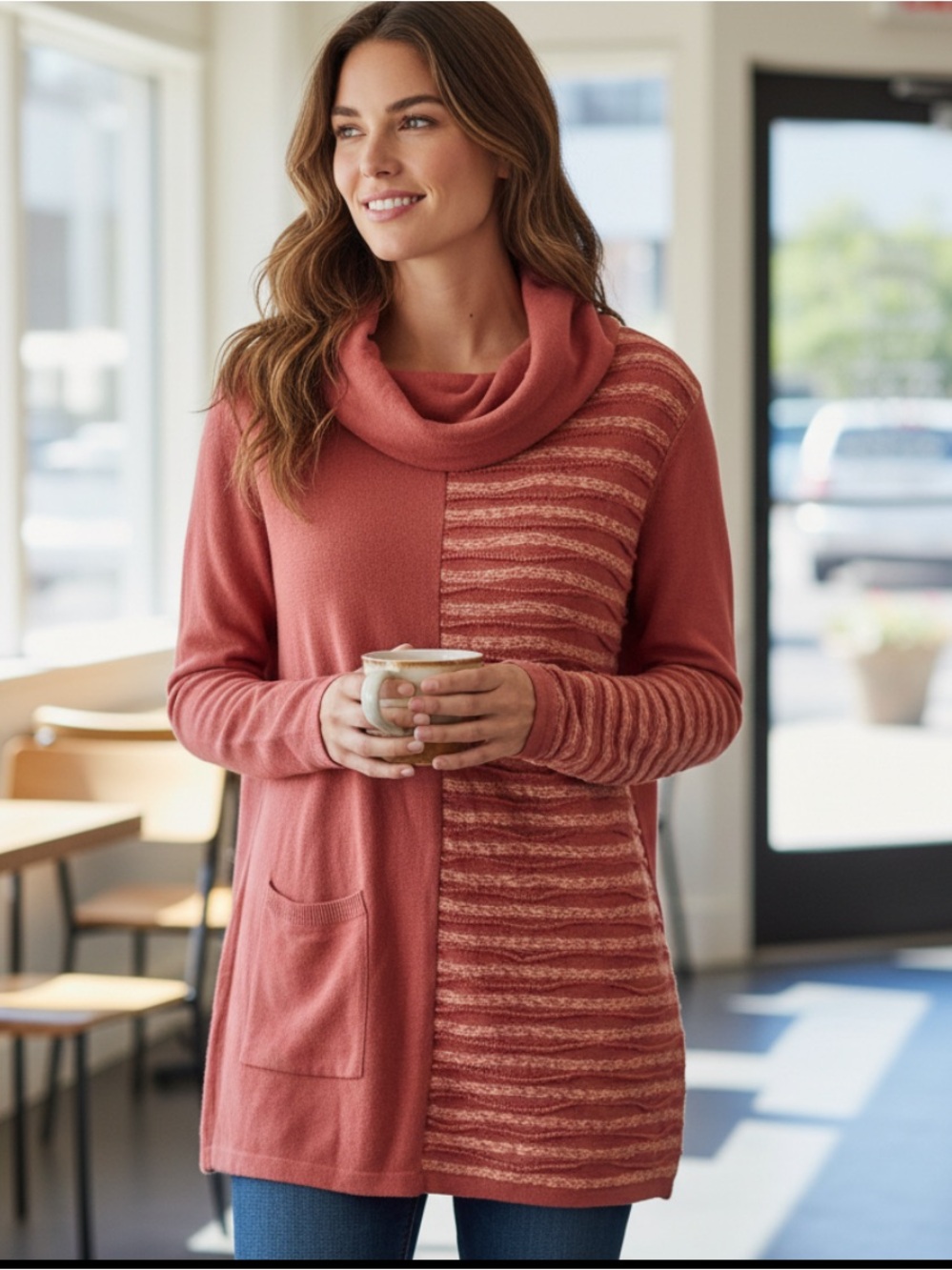 Soft Surroundings Coral Rust Cowl Neck Sweater with Textured Panel